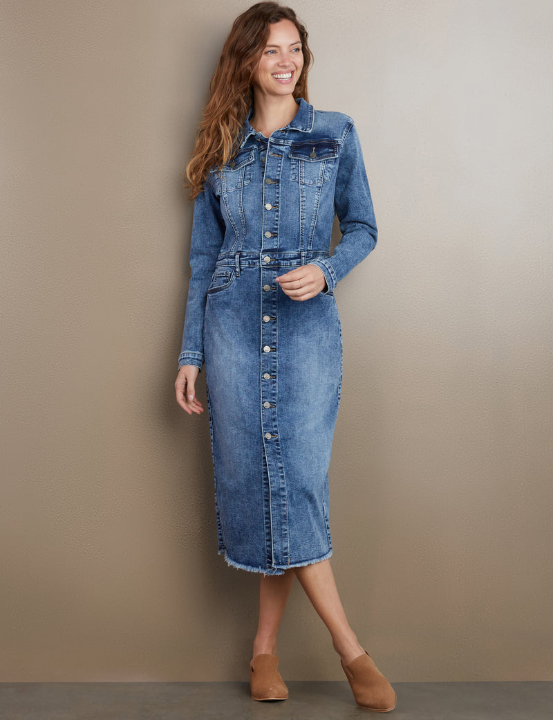 Women's Piece Dyed Denim Dress with Frayed Hem Wash Lab washlabshop Women's Piece Dyed Denim Dress with Frayed Hem Wash Lab washlabshop
