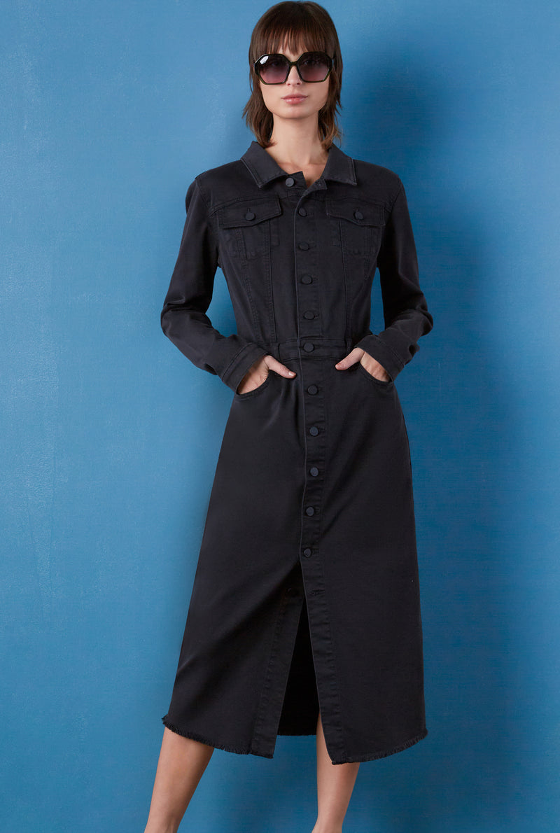 Women's Piece Dyed Denim Dress with Frayed Hem Wash Lab washlabshop Women's Piece Dyed Denim Dress with Frayed Hem Wash Lab washlabshop