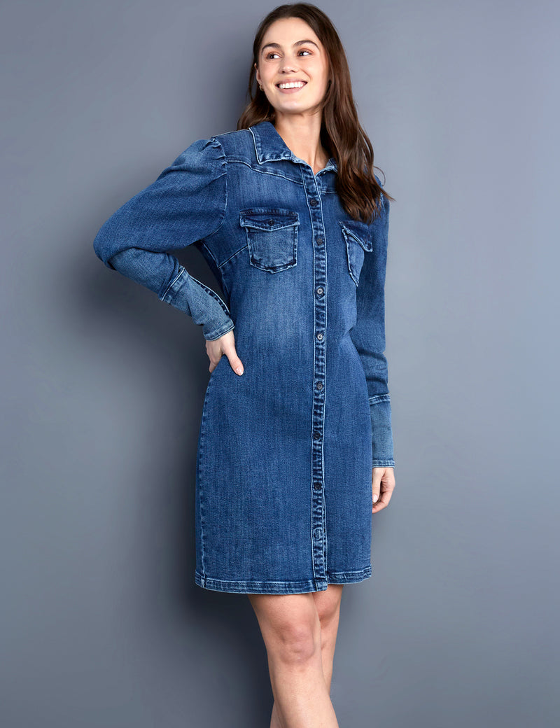 Women's Puff-Sleeve Dark Sanded Shirtdress – Wash Lab – washlabshop Women's Puff-Sleeve Dark Sanded Shirtdress – Wash Lab – washlabshop