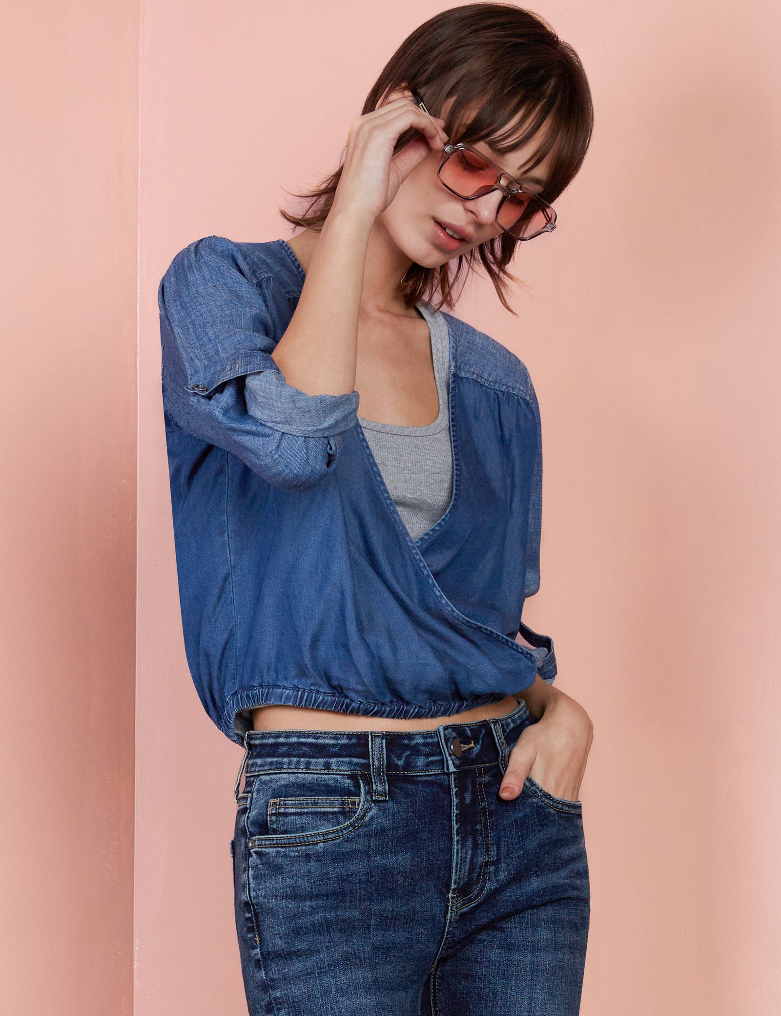 Women's Cross-Front Denim Shirt in Two-Tone Soft Denim – Wash Lab