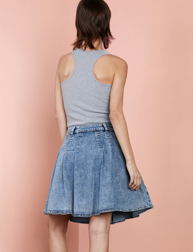 Women's Designer Denim Skater Skirt with Pleat Detail