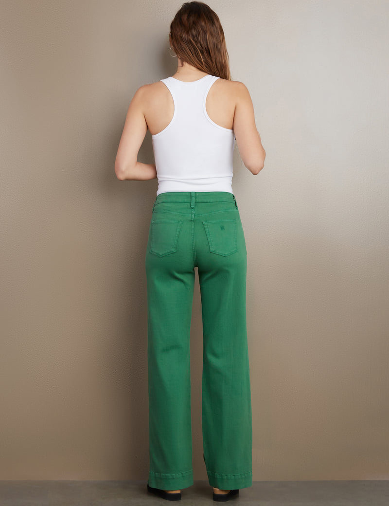 Women's Designer Straight Leg Jeans with Side Slit in Green Money