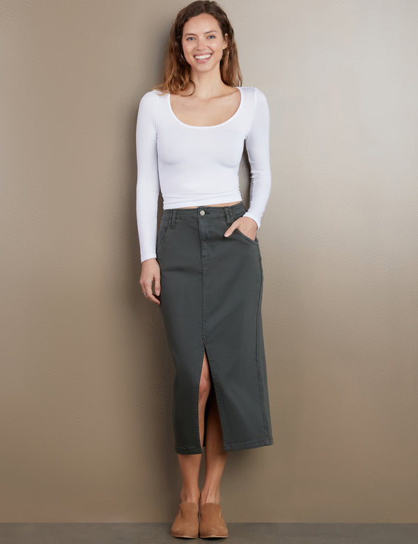 Women's Designer Daily Slit Denim Midi Pencil Skirt in Herb Green