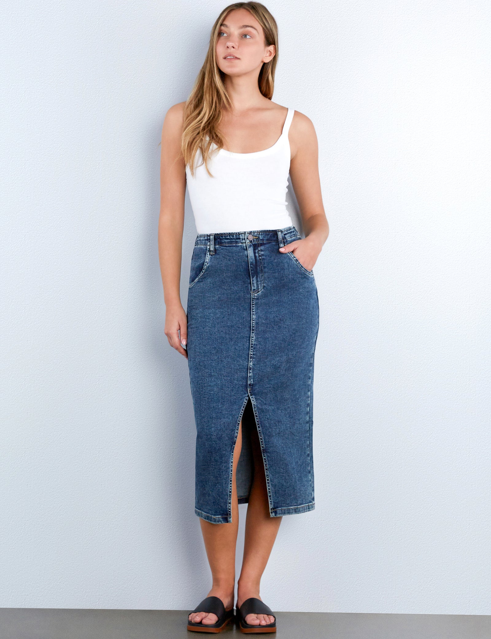 【BAON】Mellikeu Cat Washing Denim Midi Skirt Daily Slit Denim Midi Skirt – washlabshop