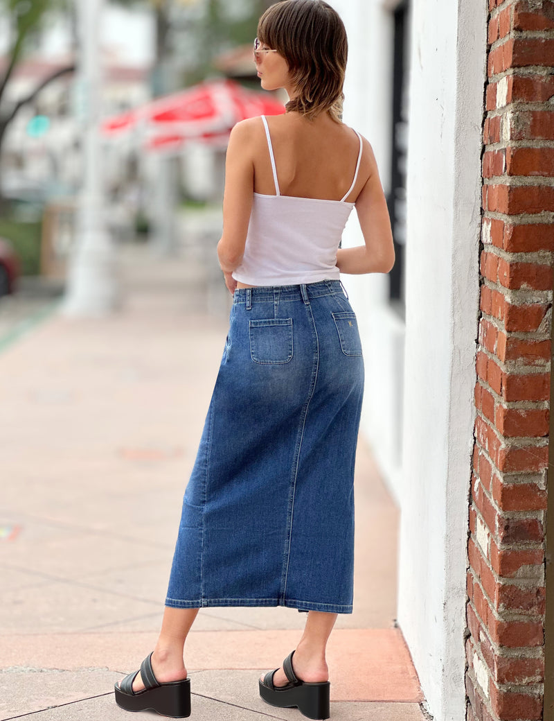 Women's Designer Daily Slit Denim Midi Pencil Skirt in Washed Blue