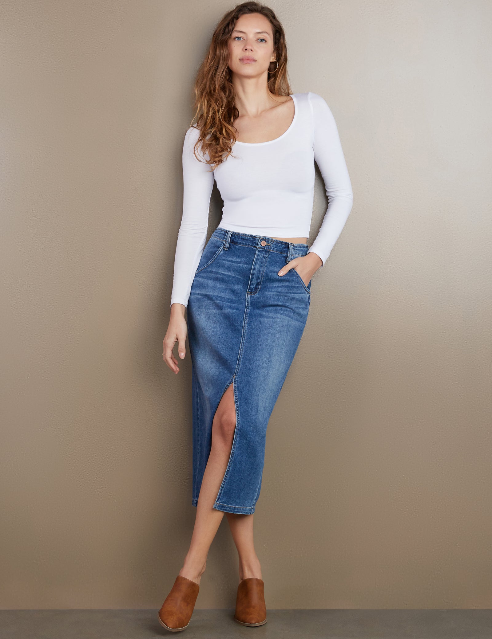 【BAON】Mellikeu Cat Washing Denim Midi Skirt Daily Slit Denim Midi Skirt – washlabshop