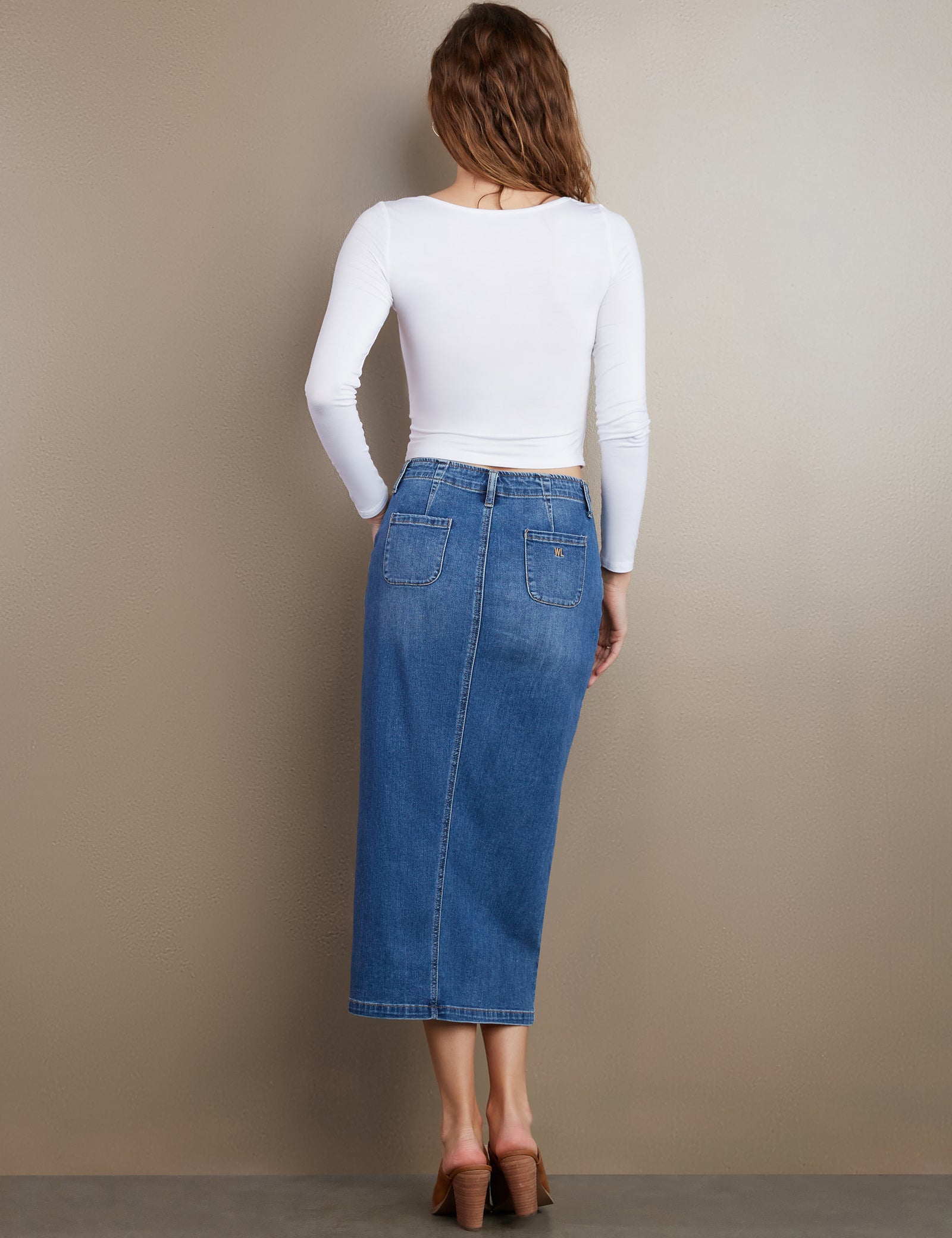 【BAON】Ucho Washing Denim Midi Skirt Shop High Waisted Stretch Denim Midi Skirt - mid wash Online