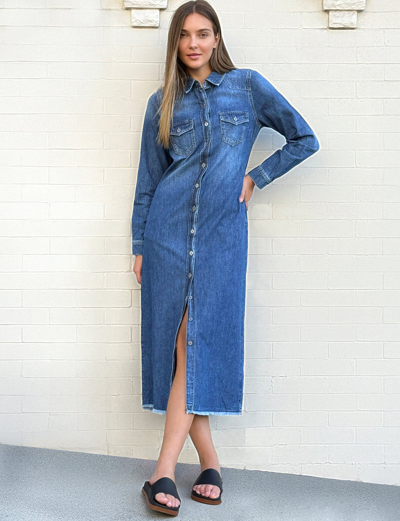 Women's Denim Maxi Shirtdress Wash Lab washlabshop Women's Denim Maxi Shirtdress Wash Lab washlabshop