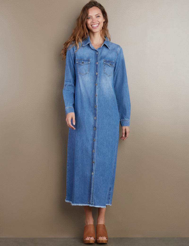 Women's Designer Denim Maxi Shirtdress in Monterey Blue