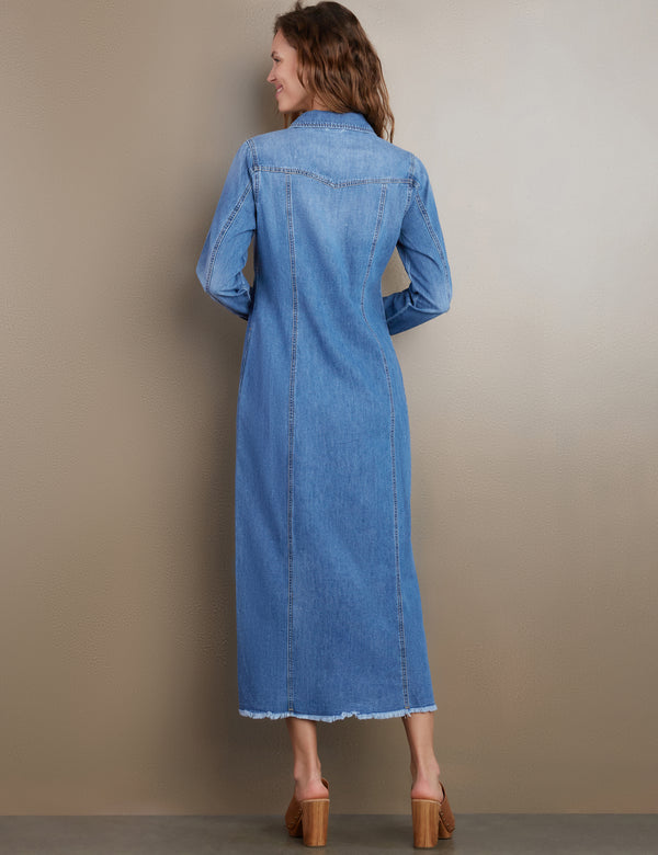 Women's Designer Denim Maxi Shirtdress in Monterey Blue