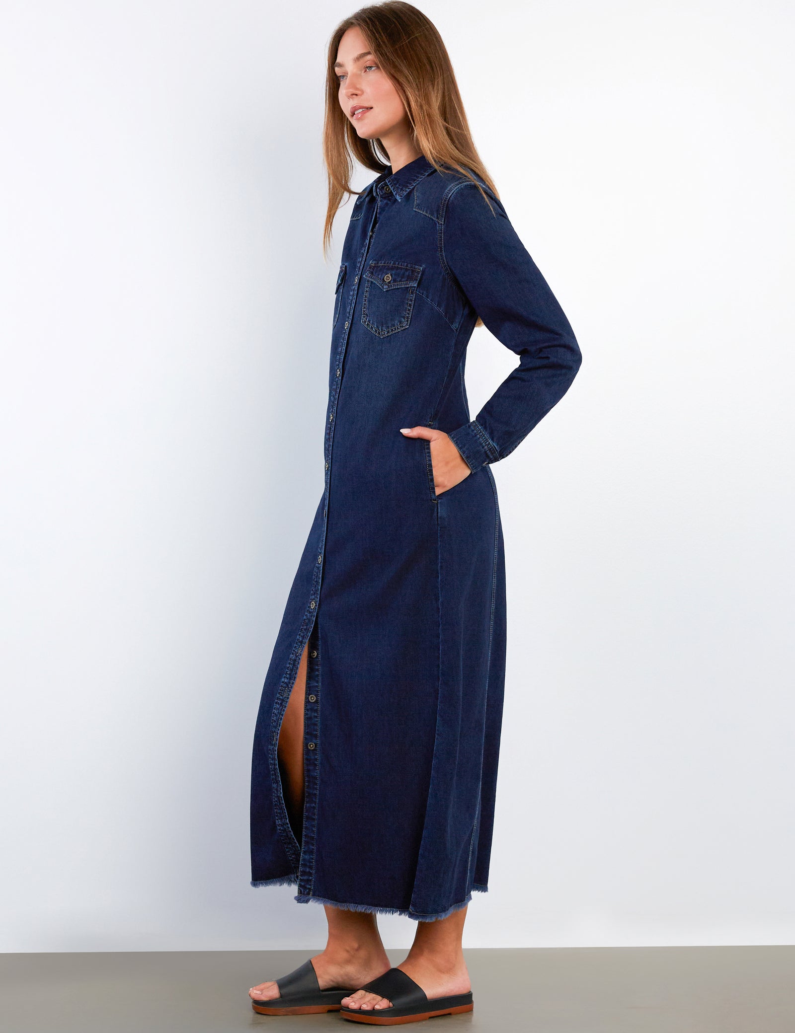 long denim shirt dress for women Women's Long Sleeve Denim Maxi Dress