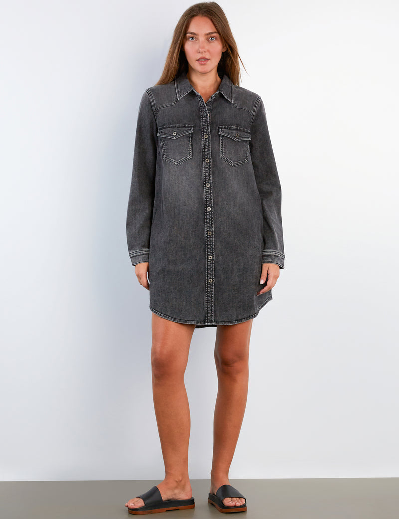 black denim dress with white shirt Isla Black Denim Mini Dress - US 10
