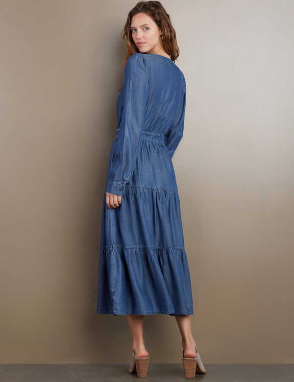 Women's Designer Denim Peasant Maxi Dress