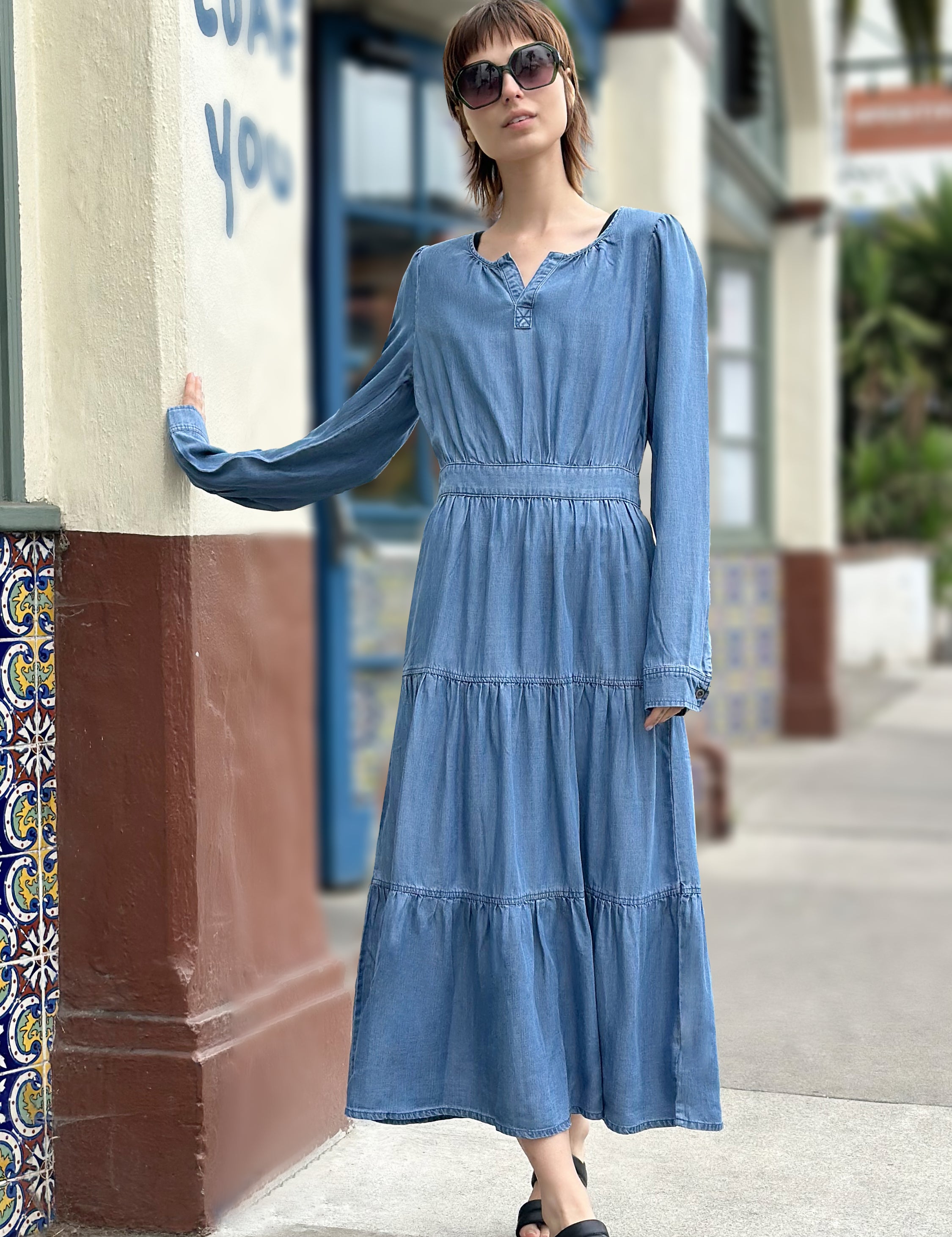 Women’s Layers Denim Maxi Dress with Tiered Silhouette – Wash Lab