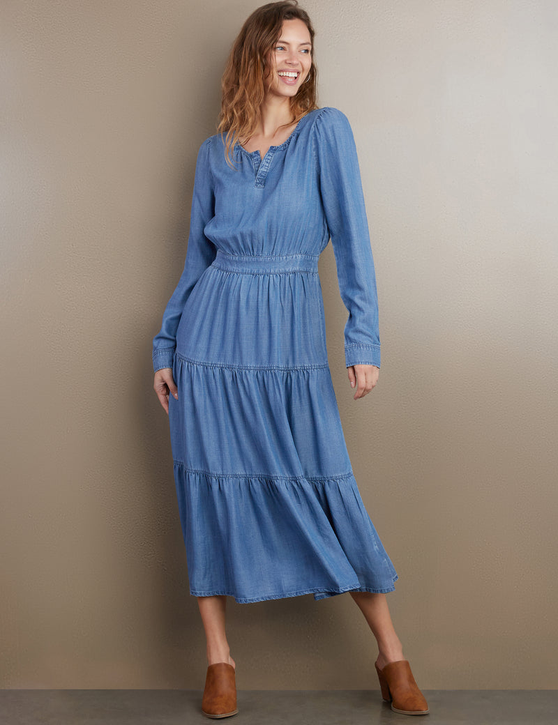 designer denim maxi dress ASOS DESIGN round neck denim maxi dress with button front opening in mid blue