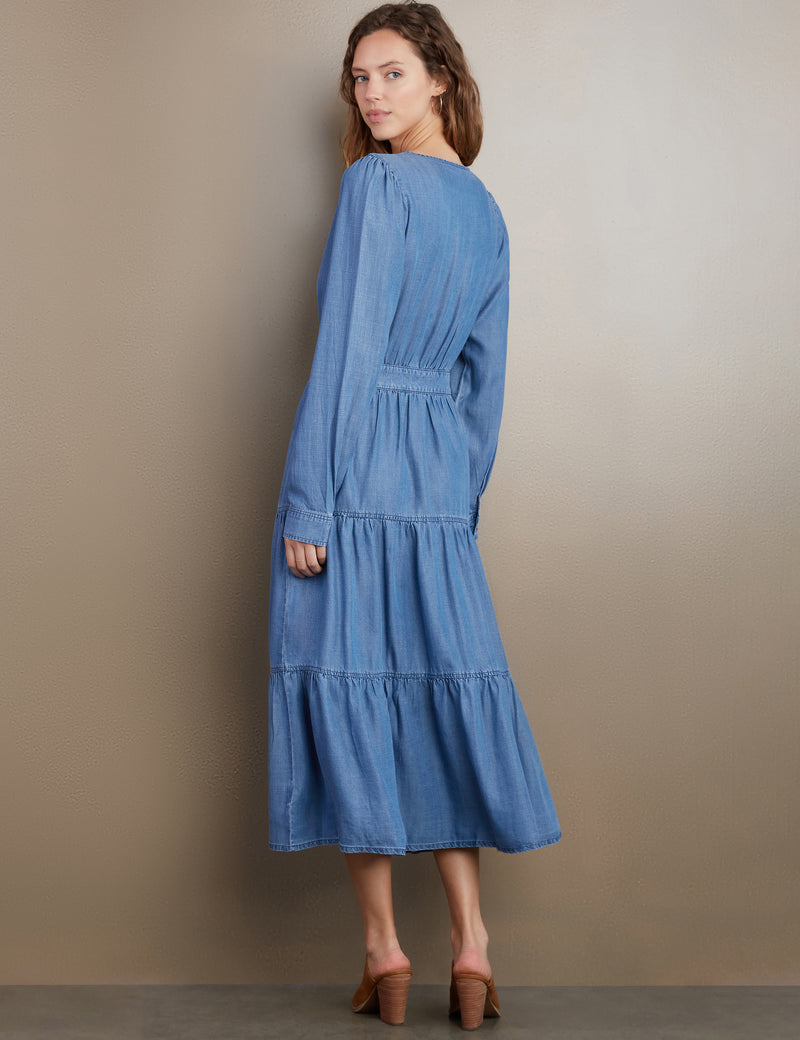 Women's Designer Denim Peasant Maxi Dress in Soft Blue