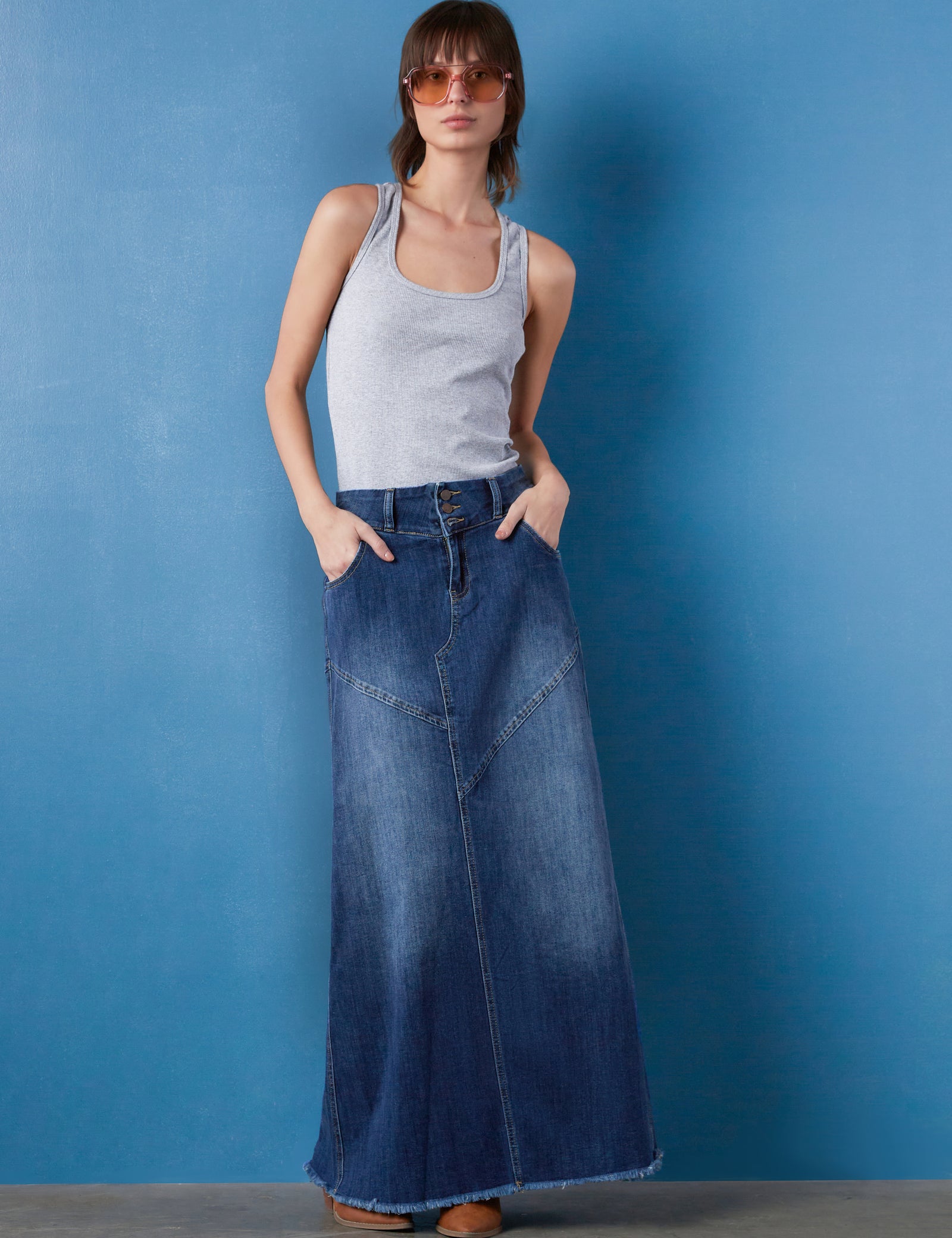 Pieced Denim Maxi Skirt – washlabshop