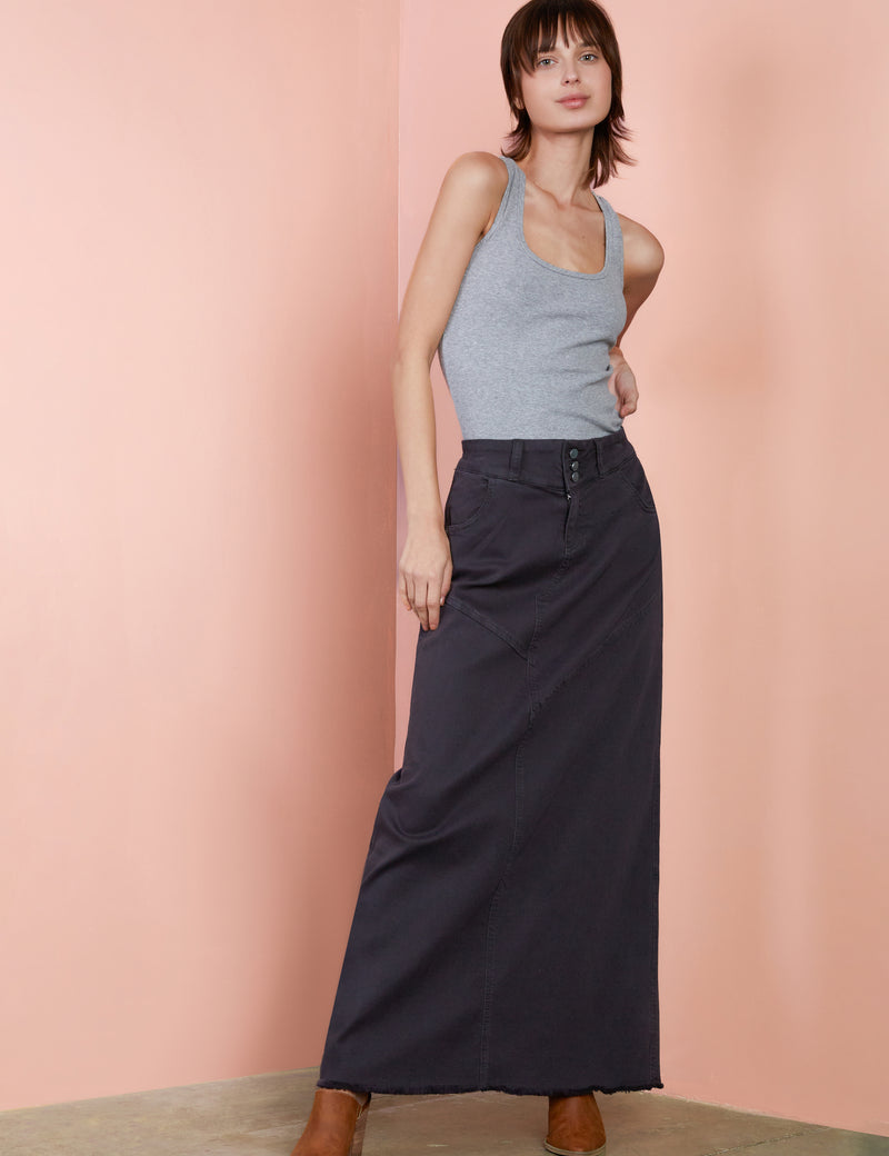 Pieced Denim Maxi Skirt in Dark Smoke Front View