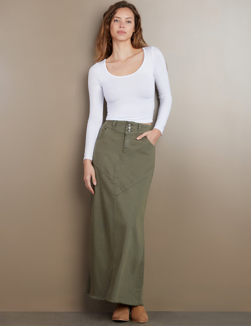 Women's Designer Classic Denim Maxi Skirt in Dusty Green