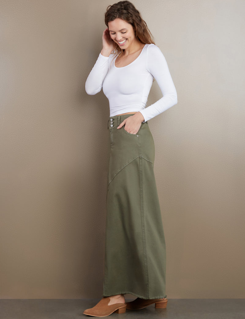 Women's Designer Classic Denim Maxi Skirt in Dusty Green