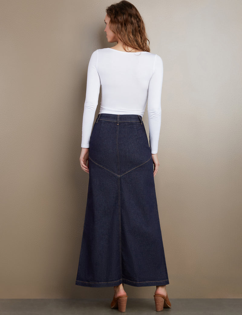 Women's Designer Classic Denim Maxi Skirt in Raw Denim