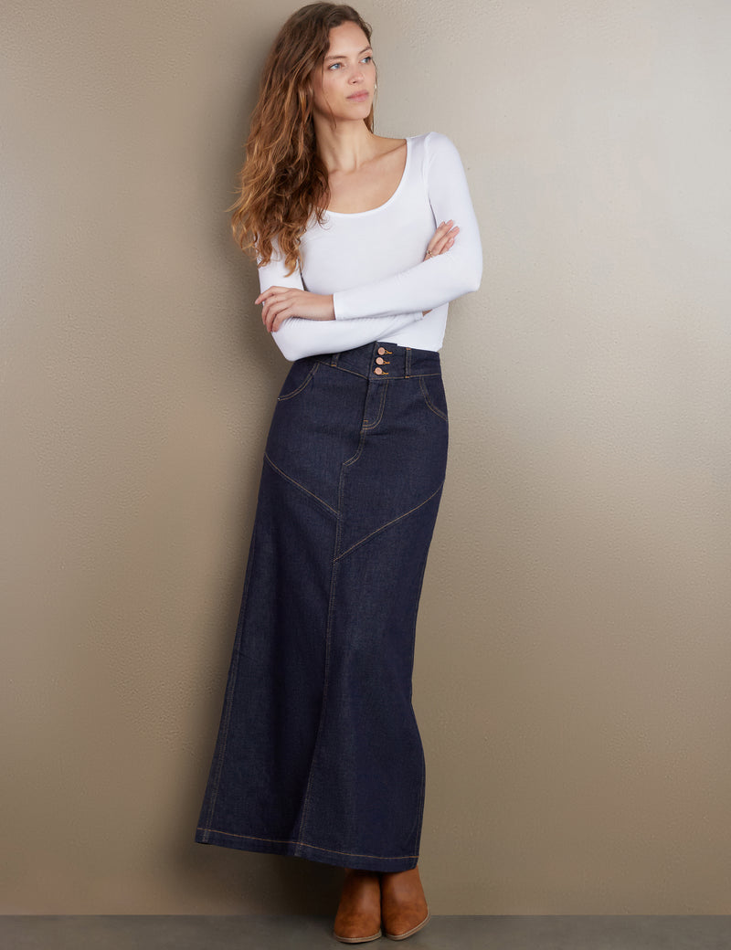 Women's Designer Classic Denim Maxi Skirt in Raw Denim