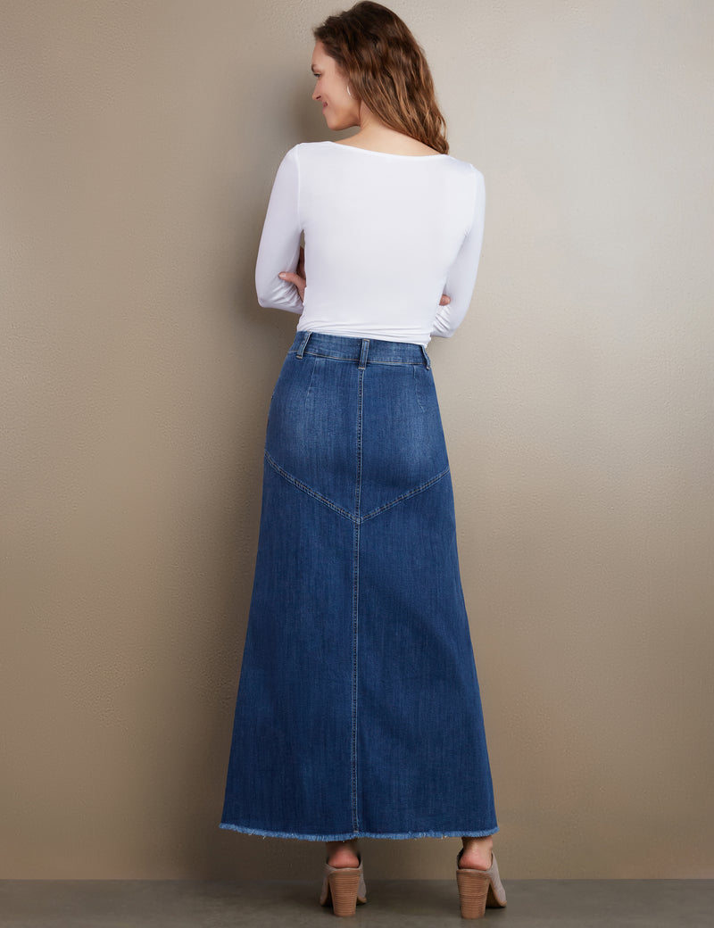 Women's Designer Classic Denim Maxi Skirt in Retro Blue