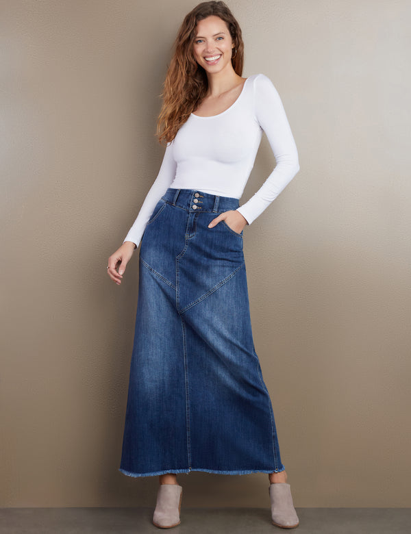 Women's Designer Classic Denim Maxi Skirt in Retro Blue