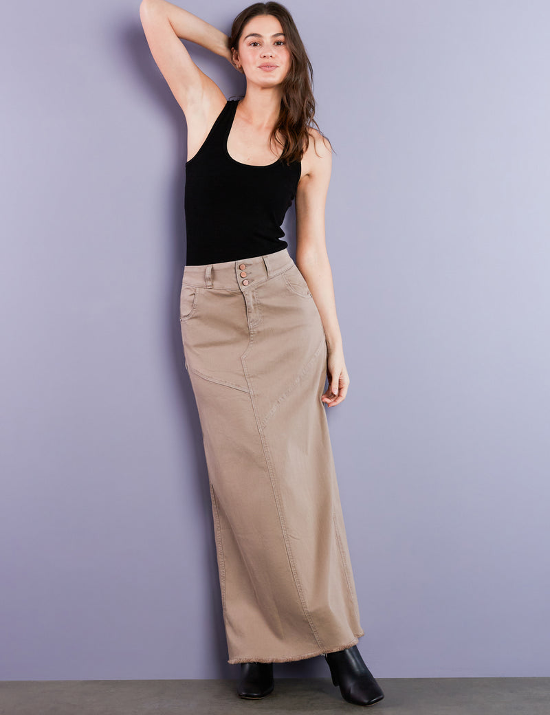 Women's Premium Denim Pieced Maxi Skirt in Taupe