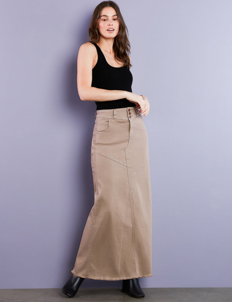 Women's Premium Denim Pieced Maxi Skirt in Taupe