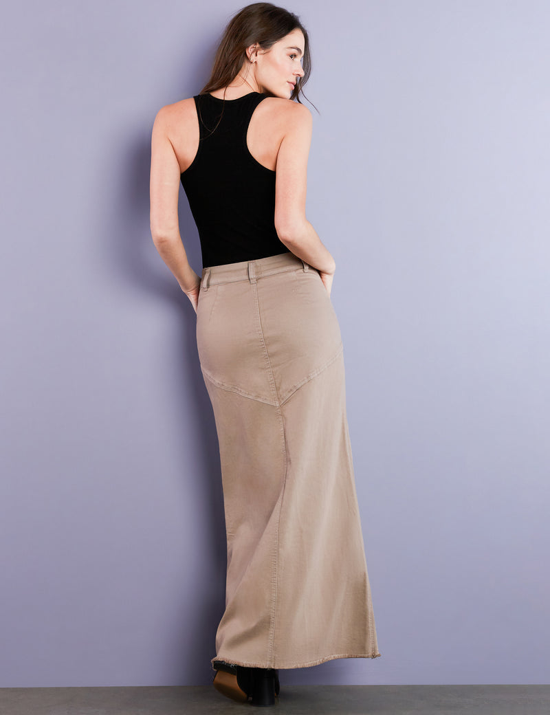 Women's Premium Denim Pieced Maxi Skirt in Taupe