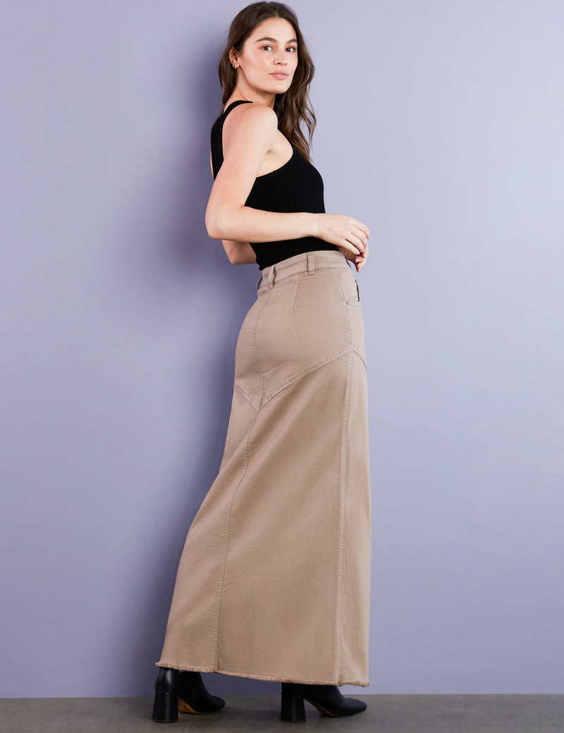 Women's Premium Denim Pieced Maxi Skirt in Taupe