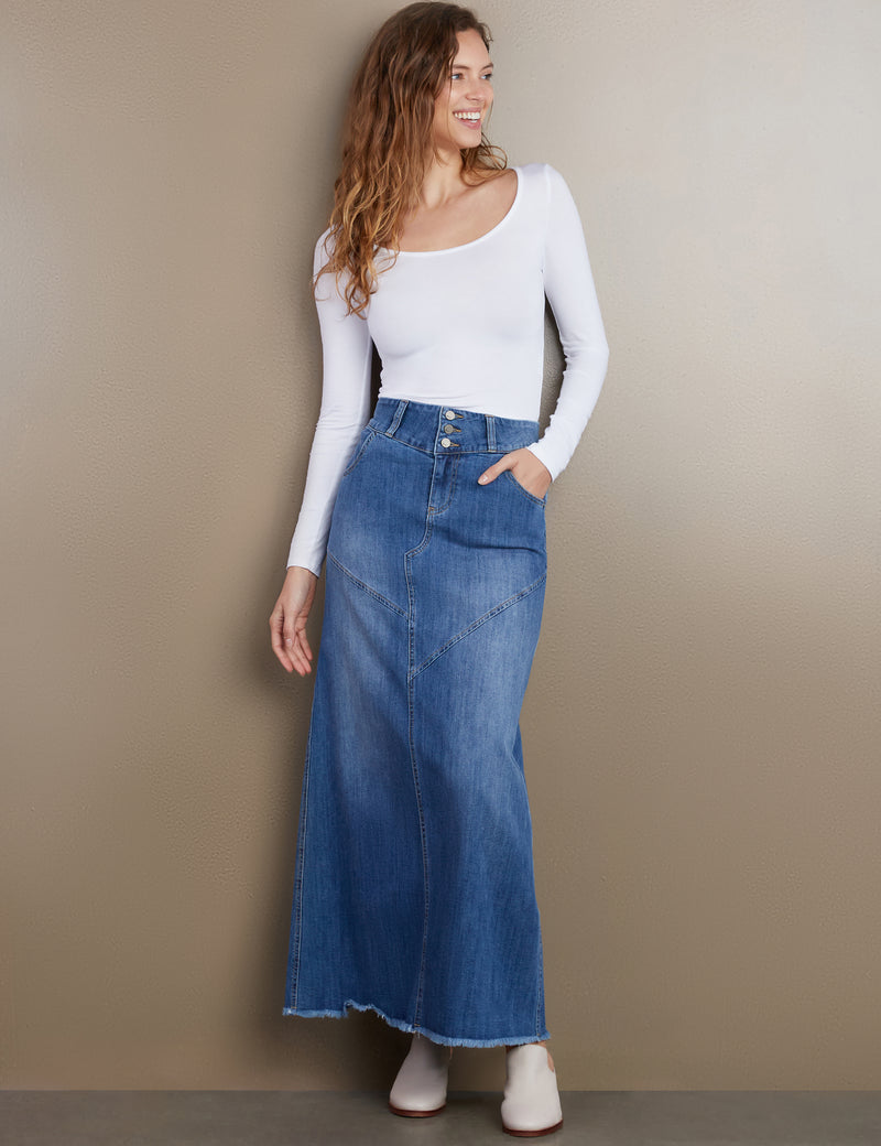 Women's Designer Classic Denim Maxi Skirt in Vintage Blue