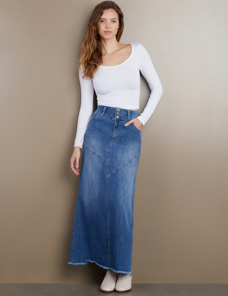 Women's Designer Classic Denim Maxi Skirt in Vintage Blue