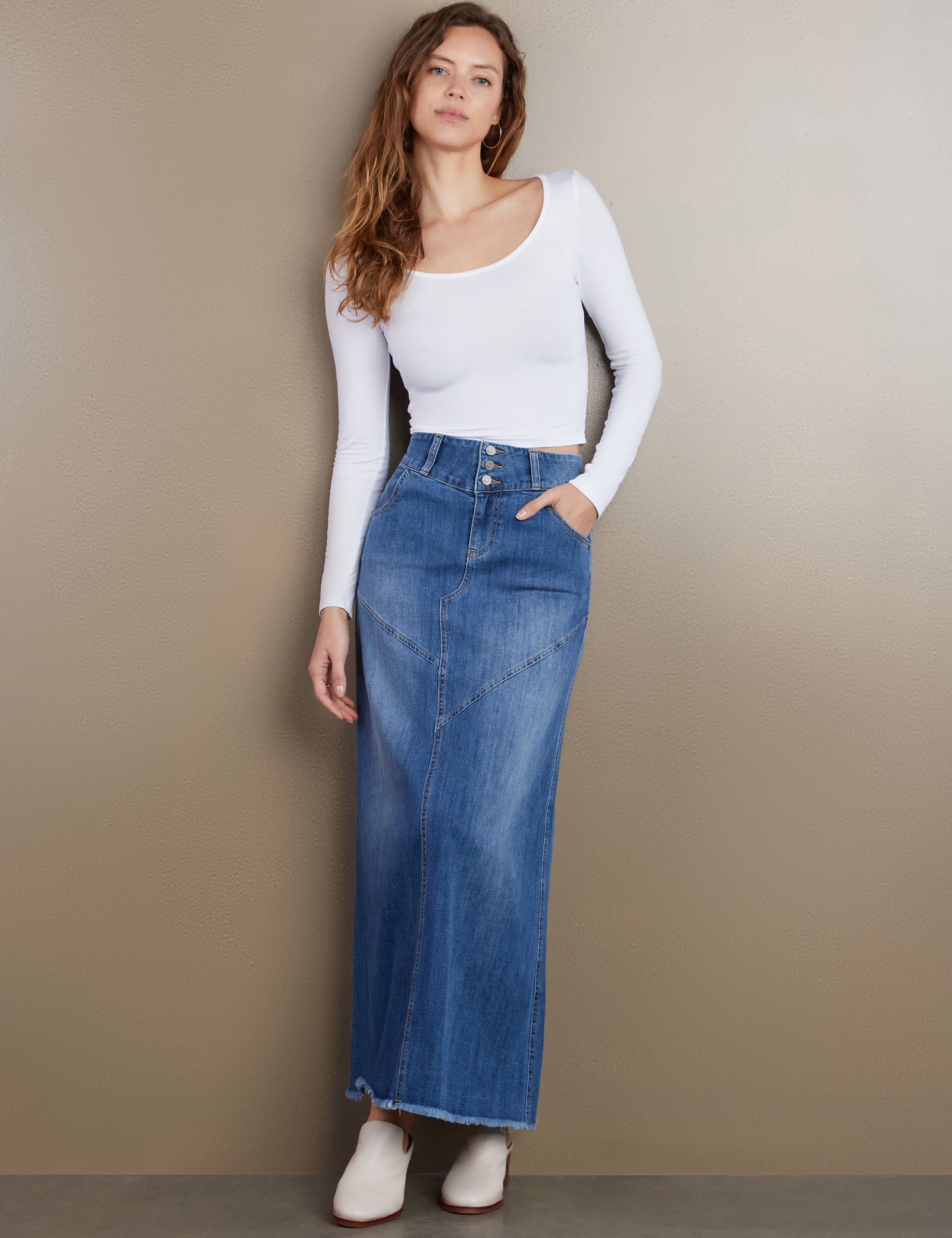 【BAON】Ptech washed denim long skirt Pieced Denim Maxi Skirt – washlabshop
