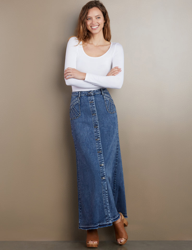 Women's Designer Royal Denim Maxi Skirt in Imperial Blue