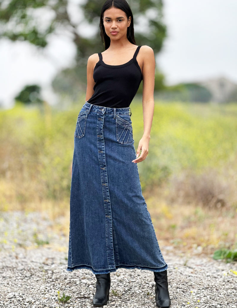 Royal Denim Maxi Skirt in Imperial Blue Front