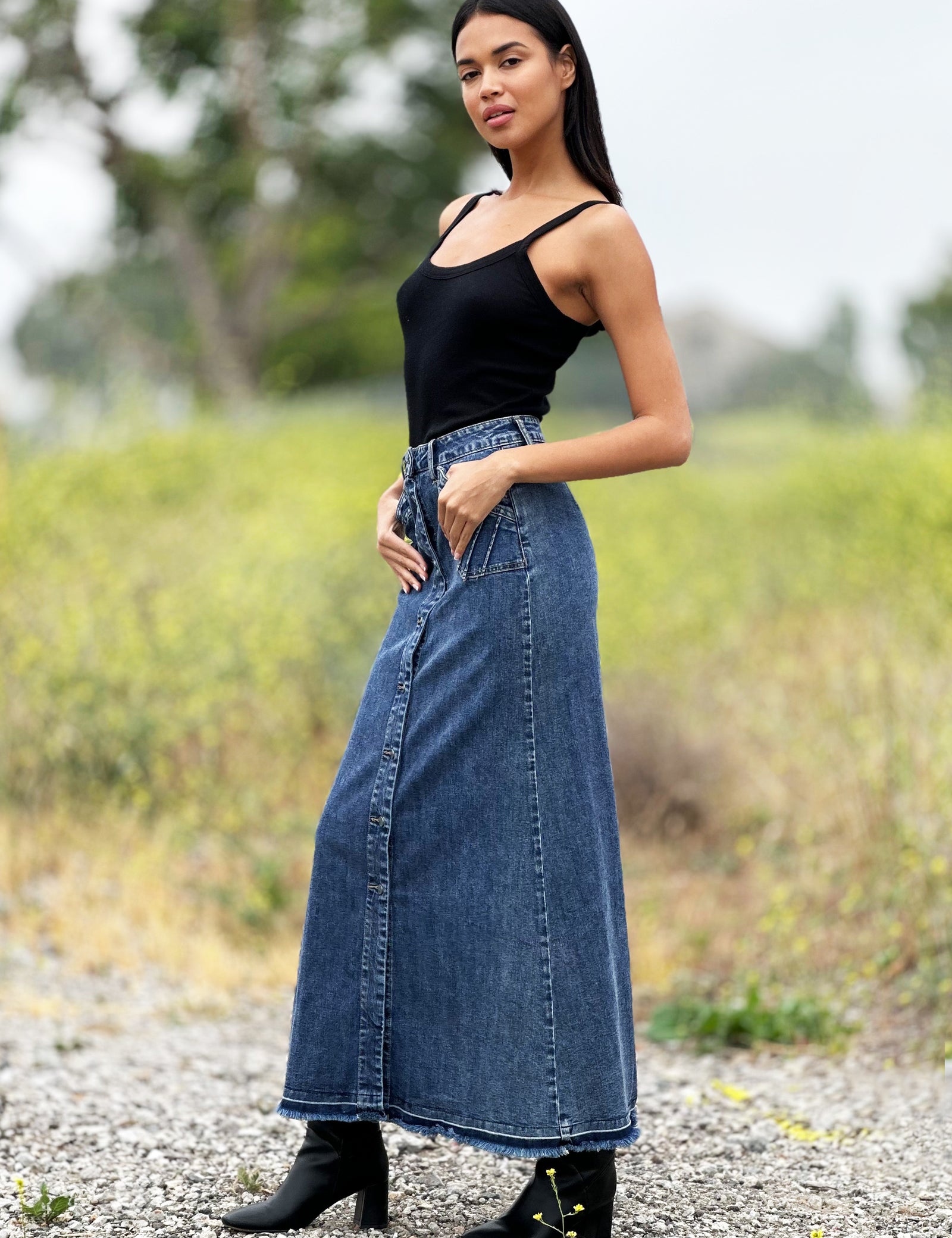 Women's Royal Denim Maxi Skirt with Flow and Structure – Wash Lab – washlabshop