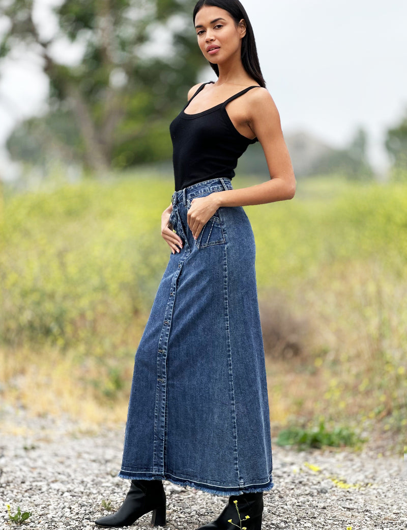 Women's Royal Denim Maxi Skirt with Flow and Structure – Wash Lab – washlabshop