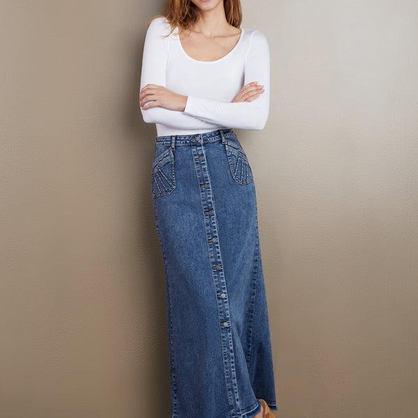 Women's Royal Denim Maxi Skirt with Flow and Structure – Wash Lab