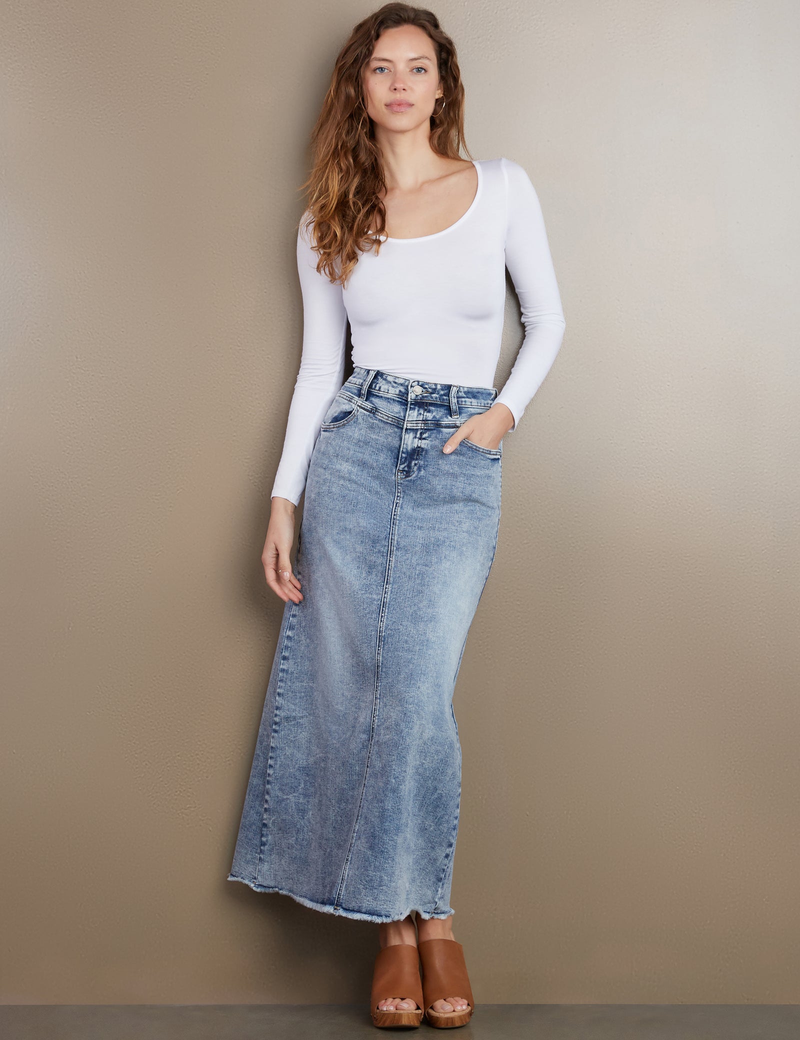 Women's Lowdown Denim Midi Skirt with Frayed Hem – Wash Lab