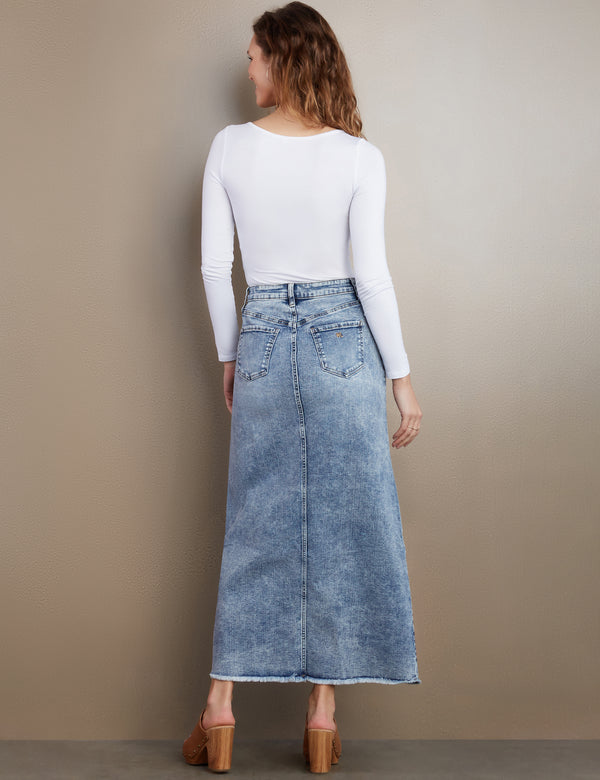 Women's Designer Lowdown Denim Maxi Skirt in Stone Blue