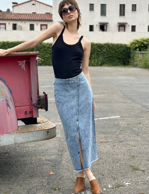 Side Hustle Denim Midi Skirt in Heidi Blue Front View
