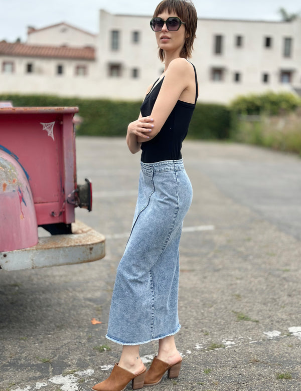 Side Hustle Denim Midi Skirt in Heidi Blue Side View