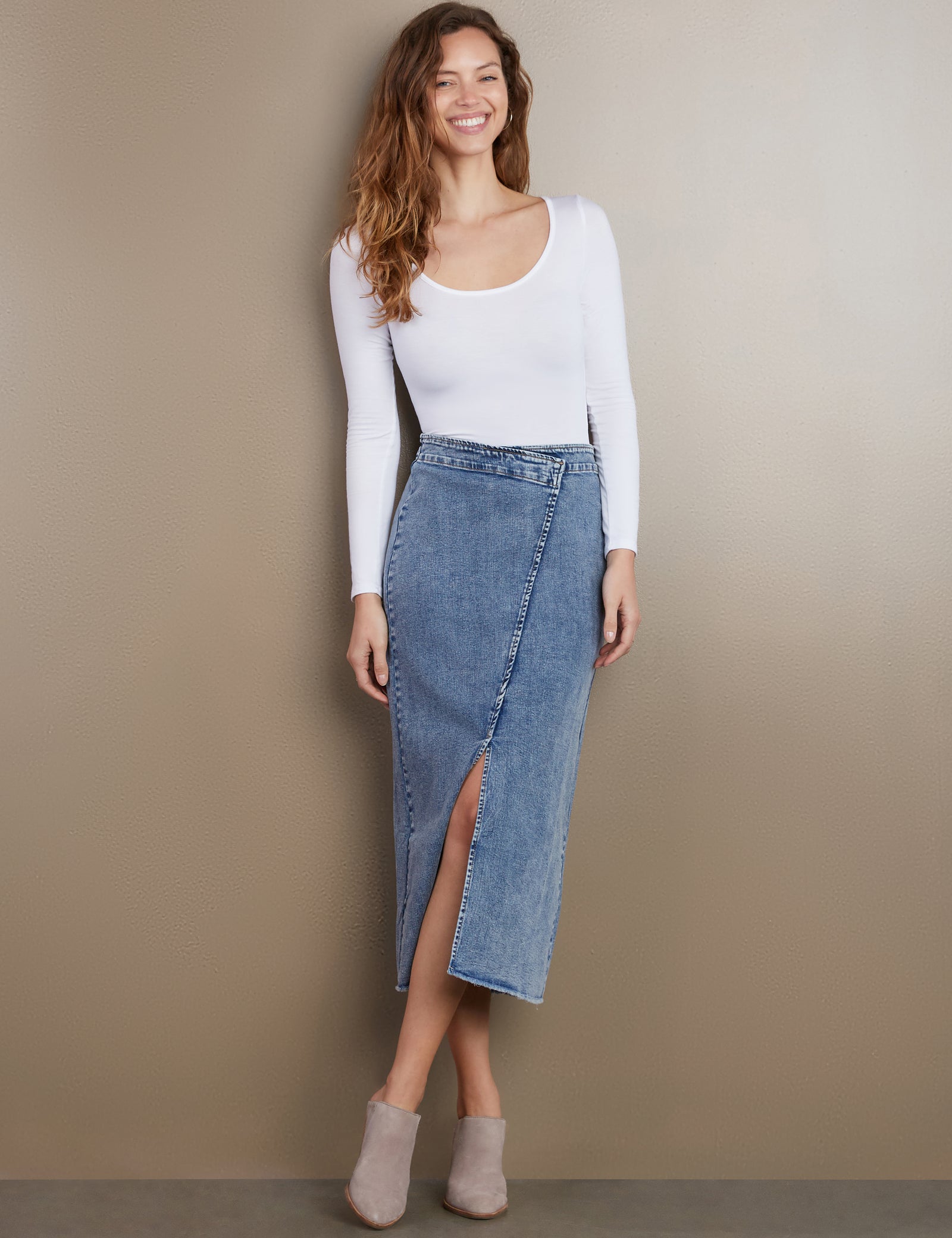 【Anyone more】Labble Black Blue Denim Midi Skirt GANNI | Fringed Heavy Medium Wash Denim Midi Skirt | Women