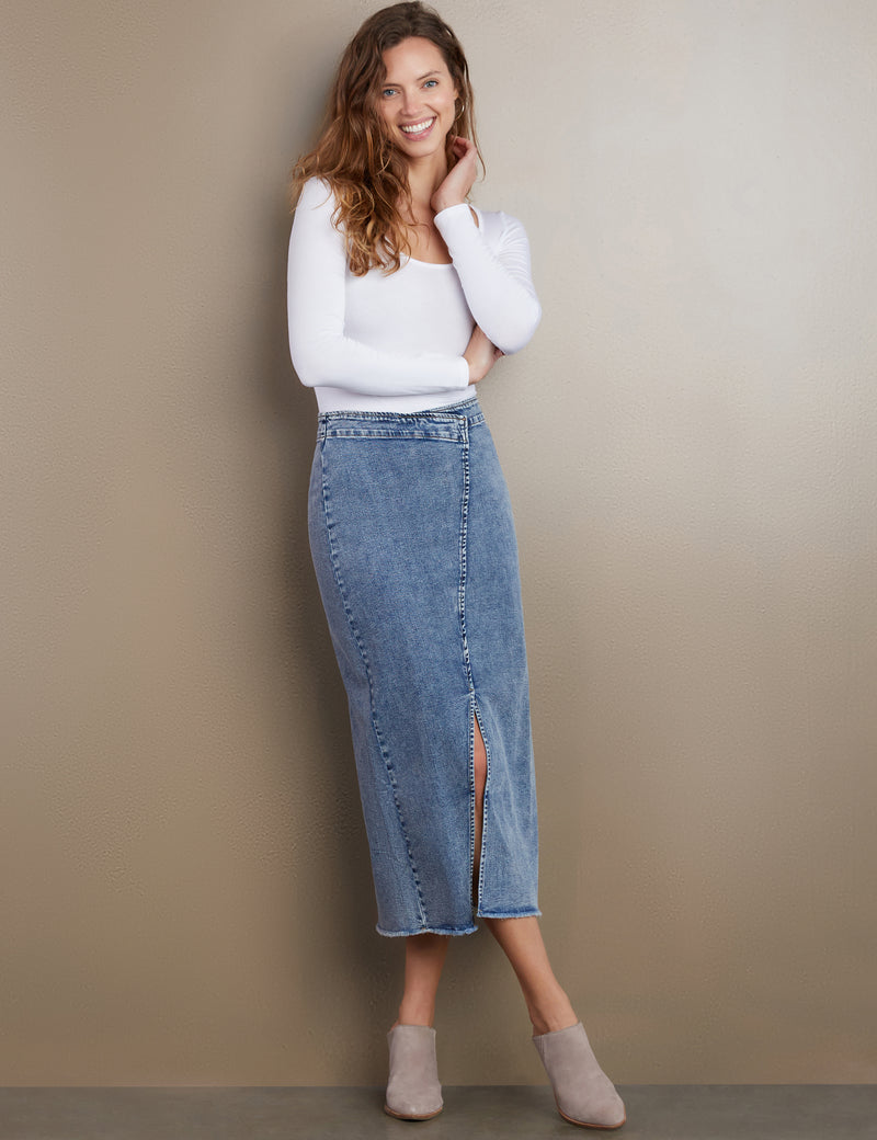 Women's Designer Side Hustle Denim Midi Skirt