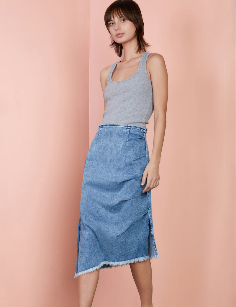 Denim Bustle Midi Skirt in Elaine Blue Side View