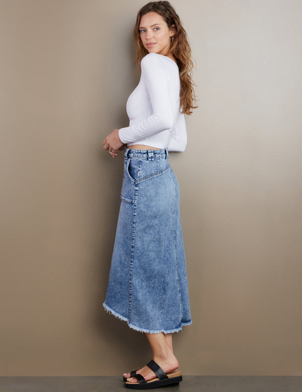 Women's Designer Patch Pocket Denim Midi Skirt in Ava Blue