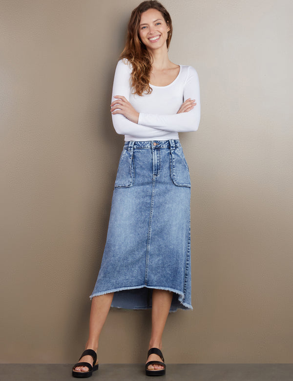 Women's Designer Patch Pocket Denim Midi Skirt in Ava Blue