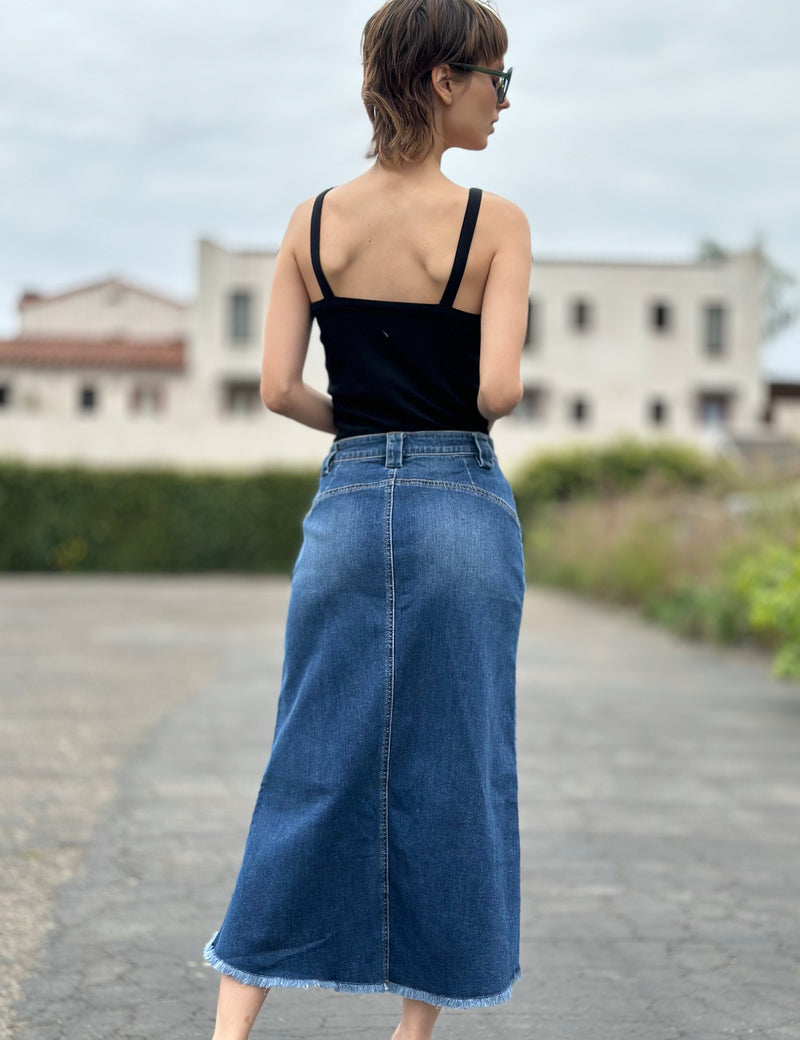 Patch Pocket Denim Midi Skirt in Jannis Blue Back View